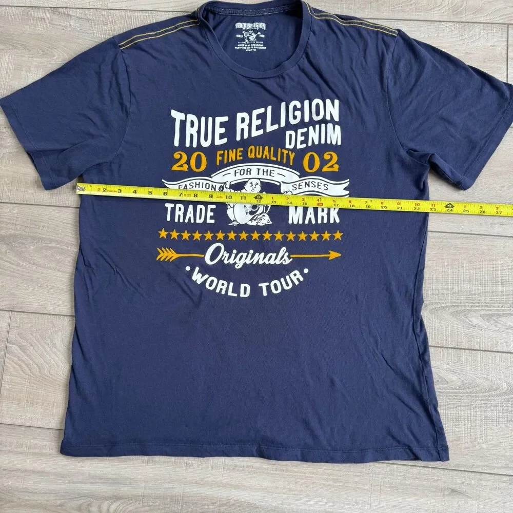True Religion World Tour Graphic T shirts Navy Blue size XXL, short sleeve